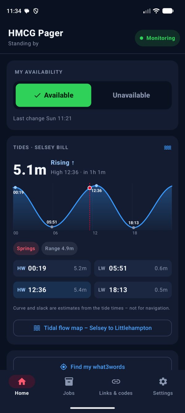 Home screen standing by: availability set to Available, and today's tide curve for Selsey Bill showing 5.1 metres and rising, springs, a range of 4.9 metres and the four high and low water times.