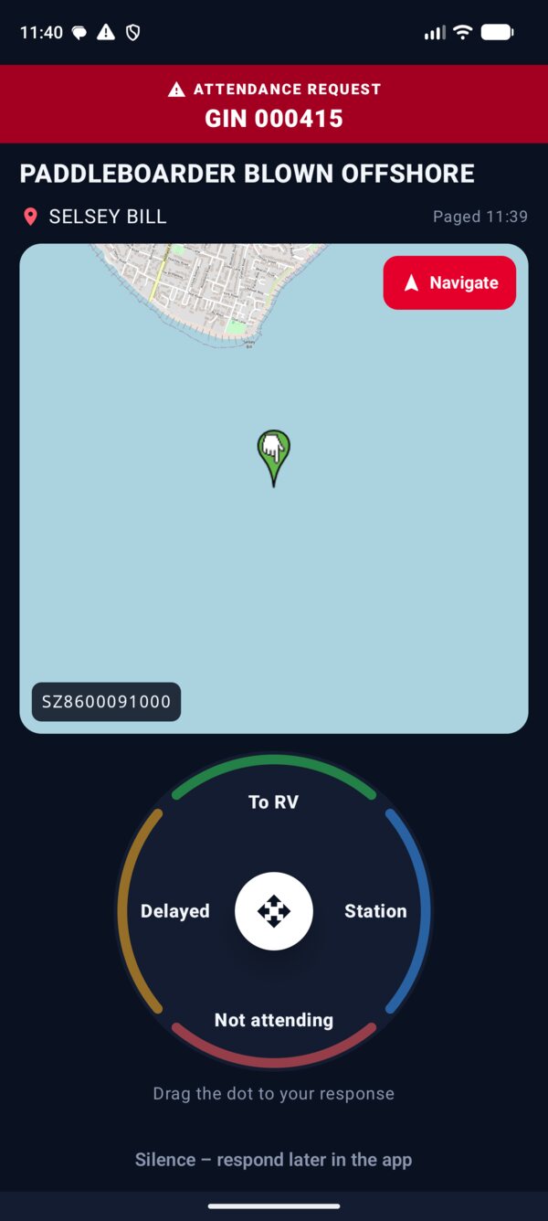 Full-screen attendance request: GIN 000415, paddleboarder blown offshore at Selsey Bill, a map with the RV pin offshore and grid SZ8600091000, a Navigate button, and a joystick with To RV, Station, Delayed and Not attending around the edge.