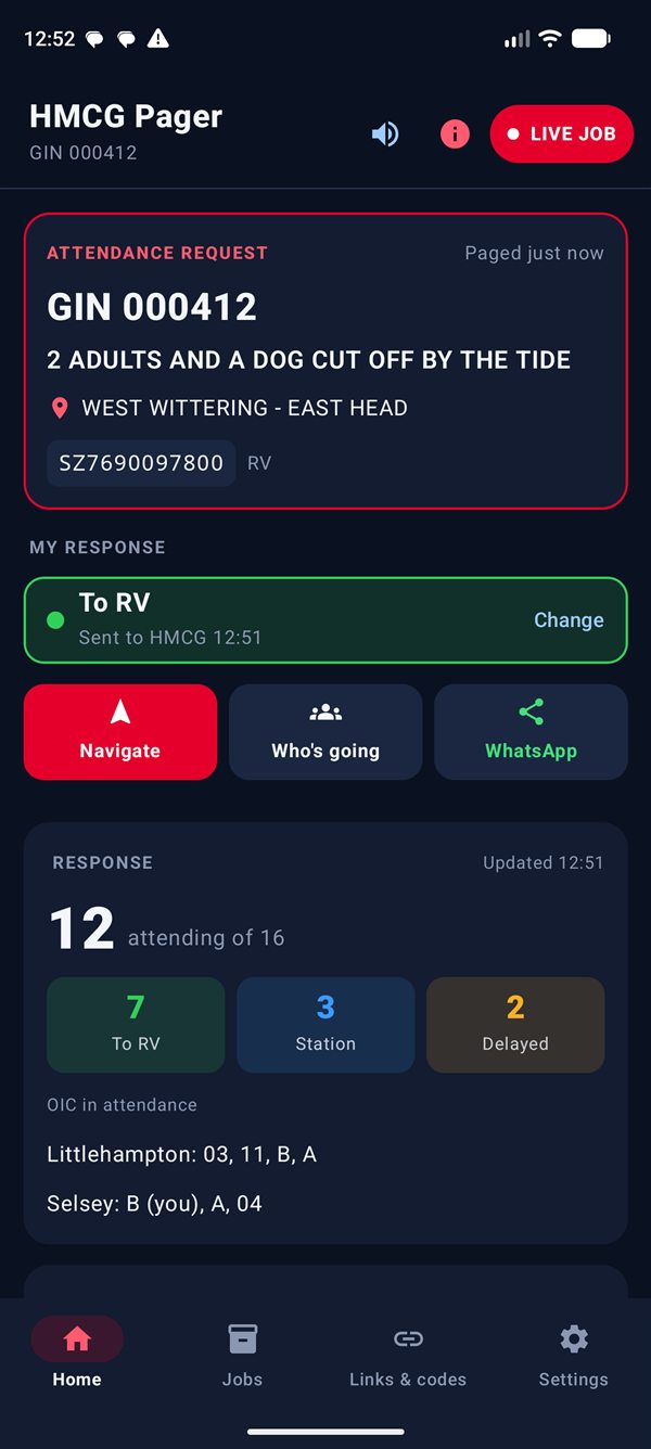 Live job screen: attendance request GIN 000412, two adults and a dog cut off by the tide at West Wittering, response To RV sent, Navigate, Who's going and WhatsApp buttons, and the response panel showing 12 attending.