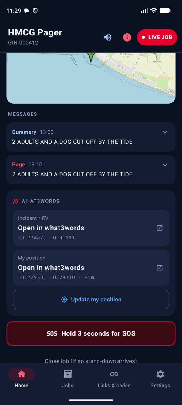 Lower part of the live job: the map, the page and summary messages, a what3words panel with the incident and My position at 50.72930, -0.78710 to within 5 metres, Update my position, and the hold-three-seconds SOS button.