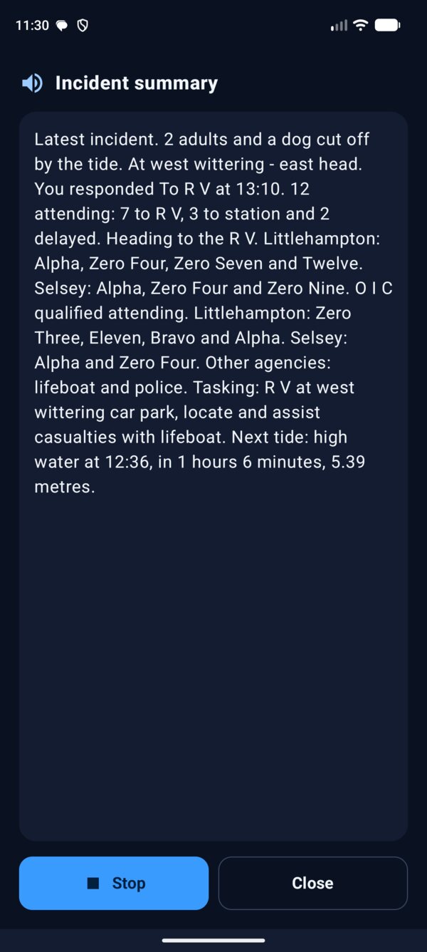 Spoken incident summary screen showing the full text being read aloud, including callsigns read as Zero Four, Eleven and Twelve, with Stop and Close buttons.