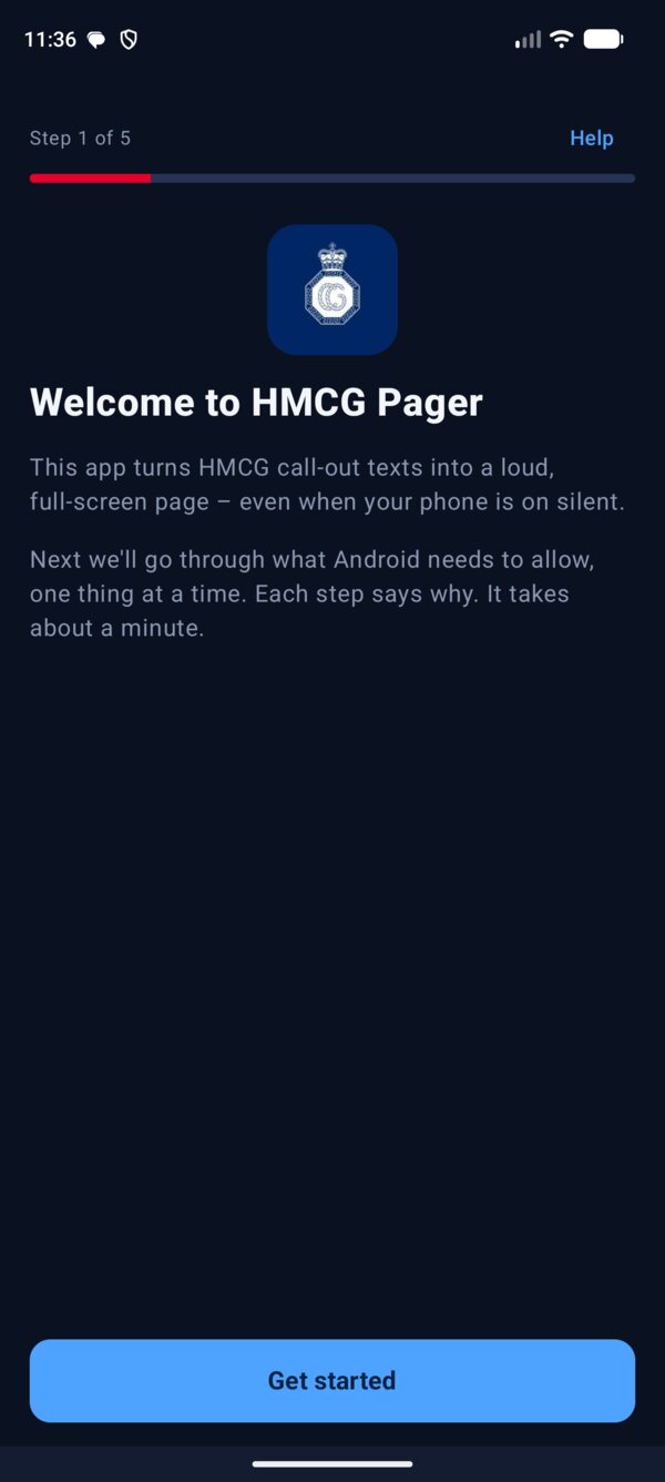 Setup step 1 of 5: Welcome to HMCG Pager, explaining the app turns HMCG call-out texts into a loud full-screen page, with a Get started button.