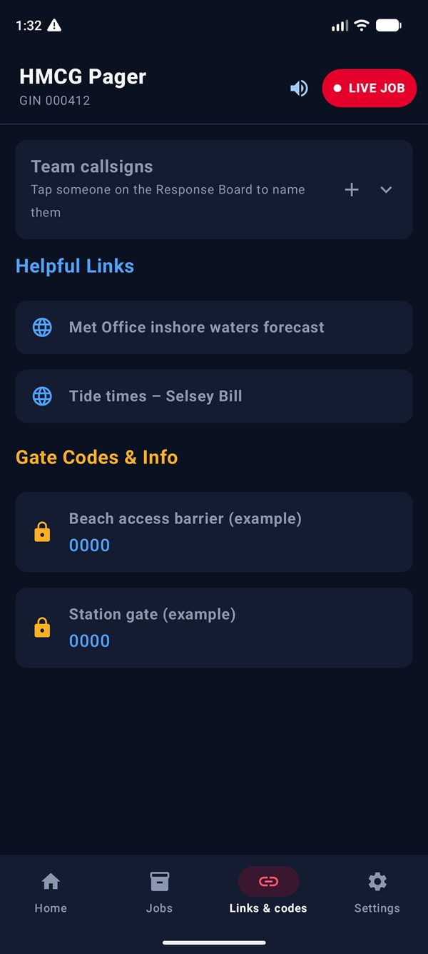 Links and codes tab: Team callsigns, Helpful links for the Met Office inshore waters forecast and Selsey Bill tide times, and example gate codes.