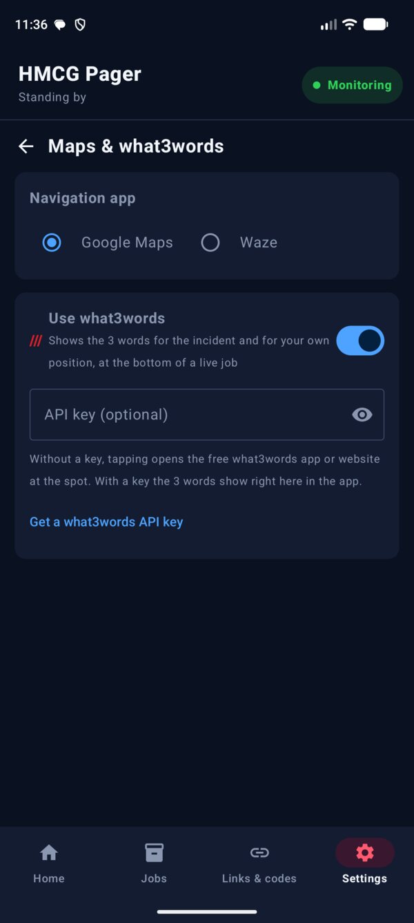 Maps and what3words settings page: Navigation app with Google Maps selected or Waze, a Use what3words switch turned on, an optional API key box with a show button, and a link to get a what3words API key.