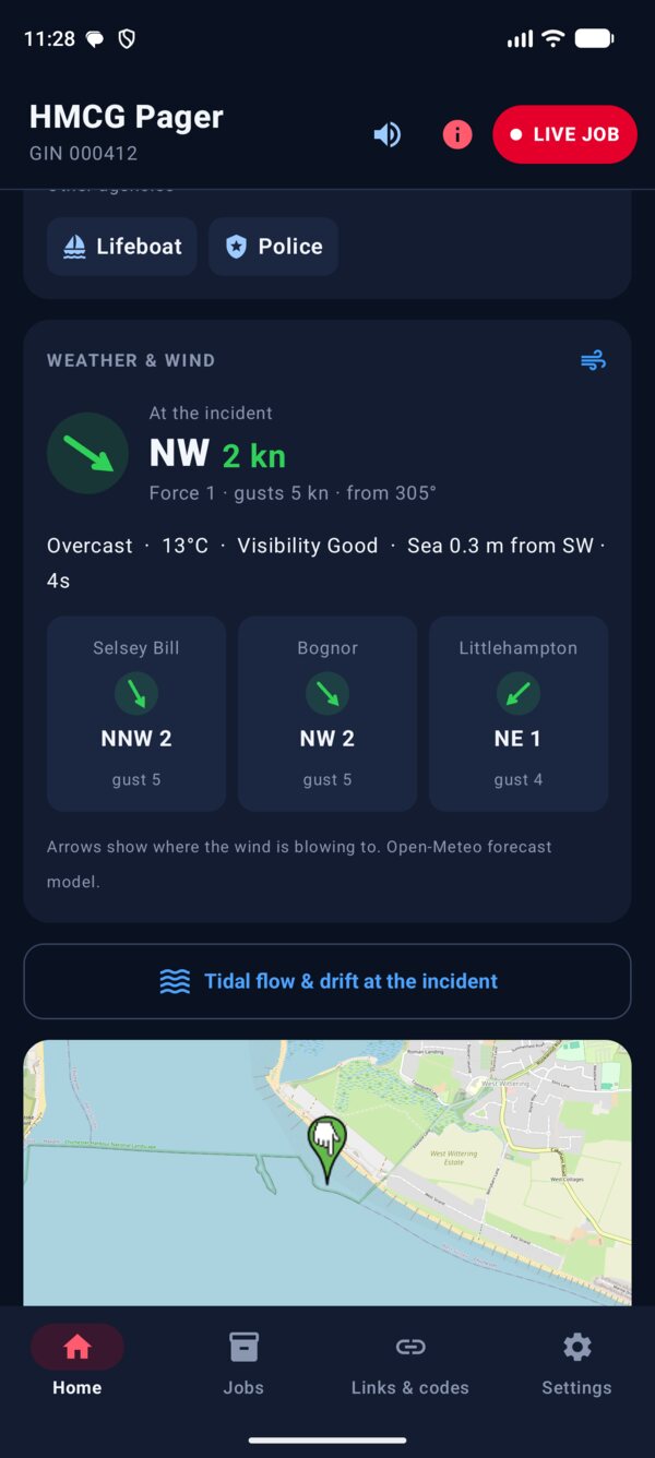 Weather and wind panel: at the incident NW 2 knots, force 1, gusts 5 knots, from 305 degrees; overcast, 13 degrees, visibility good, sea 0.3 metres from the south-west; Selsey Bill NNW 2, Bognor NW 2, Littlehampton NE 1; and a Tidal flow and drift at the incident button above the map.