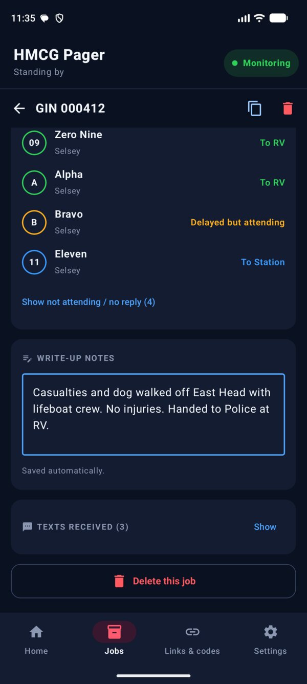 Lower part of a job record: the last attendees from Selsey, Show not attending or no reply (4), Write-up notes reading Casualties and dog walked off East Head with lifeboat crew. No injuries. Handed to Police at RV, Saved automatically, Texts received (3), and Delete this job.