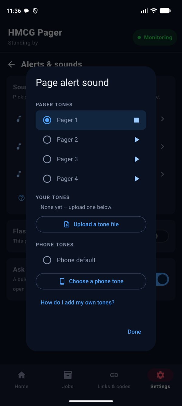 Page alert sound picker: Pager tones 1 to 4 with play buttons and Pager 1 selected and playing, Your tones with an Upload a tone file button, Phone tones with Phone default and Choose a phone tone, and How do I add my own tones?