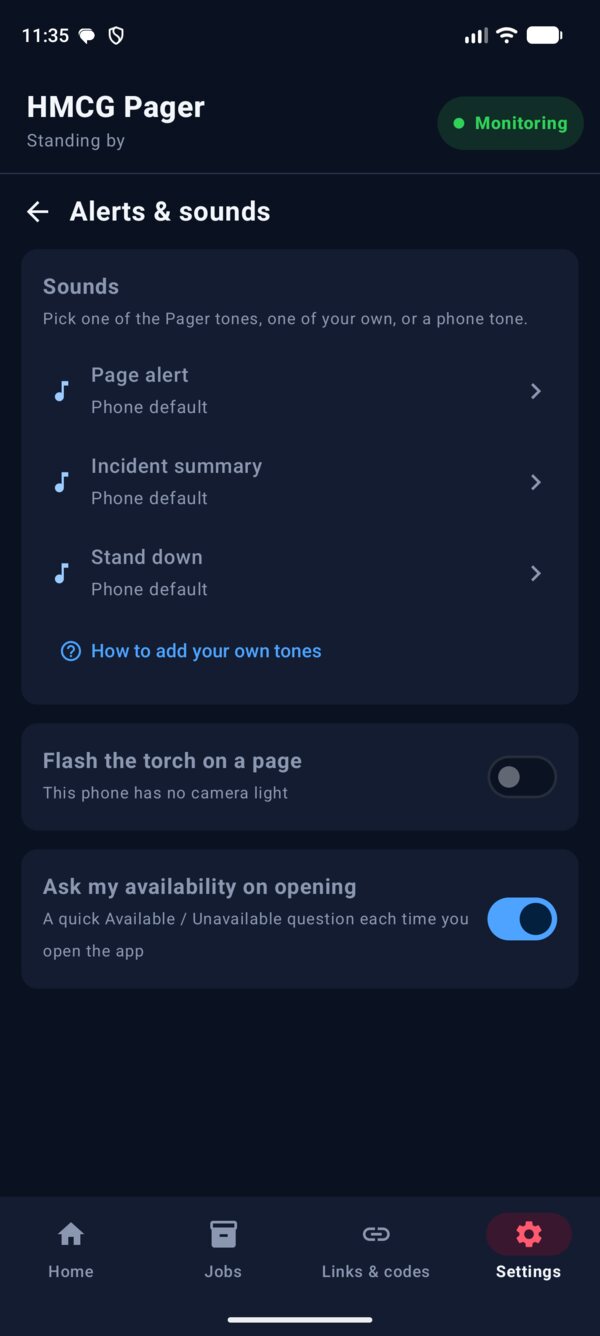 Alerts and sounds settings page with the three sounds, torch flash and the availability question.