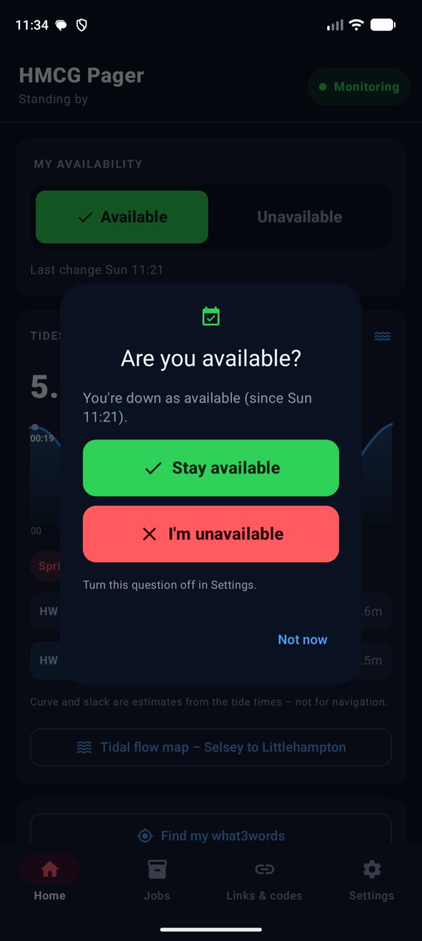 Are you available? question on opening the app: You're down as available since Sun 11:21, with Stay available, I'm unavailable and Not now.