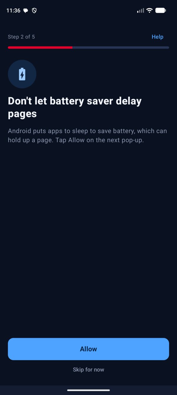 Setup step: Don't let battery saver delay pages, with the reason and an Allow button and Skip for now.