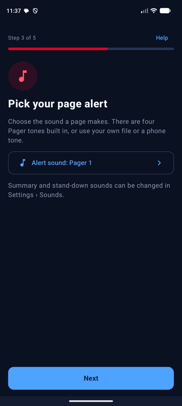 Setup step: Pick your page alert, with Alert sound: Pager 1.