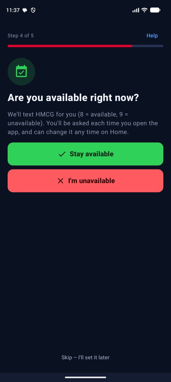 Setup step: Are you available right now? with Stay available and I'm unavailable buttons.