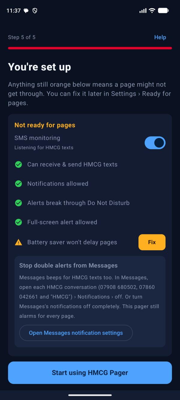 Setup finished: You're set up, with the Ready for pages checklist showing four green ticks and battery saver orange with a Fix button.